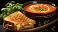 A steaming bowl of tomato soup with a grilled cheese sandwich on the side, Royalty Free Stock Photo