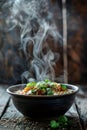 A steaming bowl of traditional Mexican pozole soup, garnished with herbs, on a rustic background