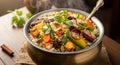 A steaming bowl of vegetable biryani features vibrant ingredients arranged atop a bed of long-grain Royalty Free Stock Photo