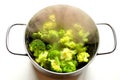 Steaming broccoli in an inox pot Royalty Free Stock Photo