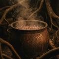 Steaming Cauldron Amidst Dark Forest Roots Royalty Free Stock Photo