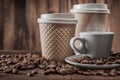 Steaming Ceramic Coffee Cup And Papercups. Hot Fresh Brewed Flavored Coffee. On Vintage Wooden Bacdkground Royalty Free Stock Photo