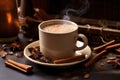 steaming chai latte in a ceramic mug, cinnamon stick