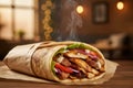 Steaming chicken and mixed meat wrap on a wooden table Royalty Free Stock Photo