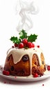 Steaming Christmas Pudding with White Icing and Berries on Plate Royalty Free Stock Photo