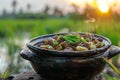 Delicious Homemade Stew in Clay Pot, Outdoor Cooking Concept Royalty Free Stock Photo