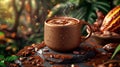 Steaming cocoa cup surrounded by cacao beans Royalty Free Stock Photo