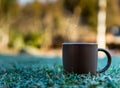 Steaming Coffe Mug in the Garden on a cold winter day