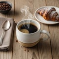 Steaming coffee in a ceramic mug rests on a rustic wooden table Royalty Free Stock Photo