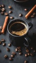 Steaming coffee cup with aromatic cinnamon and roasted coffee beans for a delightful experience