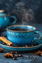 Steaming coffee cup with fragrant cinnamon and roasted coffee beans for a rich aroma