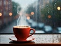 Steaming coffee cup on a rainy day window background, AI Generative Royalty Free Stock Photo