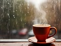 Steaming coffee cup on a rainy day window background, AI Generative. Royalty Free Stock Photo