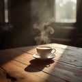 Steaming coffee cup rests on rustic wooden table in warm sunlight. Royalty Free Stock Photo
