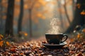 Steaming coffee cup in serene autumn forest pathway Royalty Free Stock Photo