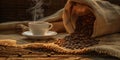 Steaming coffee cup with spilled roasted beans from burlap sack in rustic scene, AI-generated. Royalty Free Stock Photo