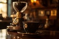 Steaming coffee cup with vintage grinder in cozy cafÃ© setting Royalty Free Stock Photo