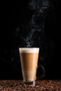 Steaming coffee latte with frothy milk in tall glass, on coffee beans Royalty Free Stock Photo