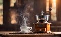 Steaming coffee mug on rustic table