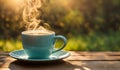 Steaming coffee mug on rustic table