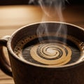 Steaming coffee in a textured brown cup features a mesmerizing swirl pattern on the surface