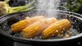 Steaming corn on the cob in a pan, surrounded by fresh vegetables. Royalty Free Stock Photo