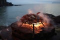 steaming crab on campfire grill, beachside view