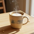 A steaming cup of cappuccino in a ceramic mug with a blue-gray stripe rests on a Royalty Free Stock Photo