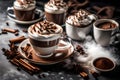 A steaming cup of cocoa with a swirl of whipped cream and cocoa powder on top Royalty Free Stock Photo