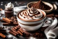 A steaming cup of cocoa with a swirl of whipped cream and cocoa powder on top Royalty Free Stock Photo