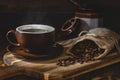 Steaming Cup of Coffee and Beans Royalty Free Stock Photo