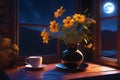 A steaming cup of coffee with a beautiful vase filled with freshly bloomed flowers at window