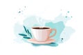 Steaming cup of coffee on blue background with coffee beans Royalty Free Stock Photo