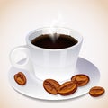 A steaming cup of coffee and coffee beans