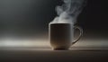 a steaming cup of coffee on a dark background with smoke coming out of it.