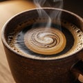 A steaming cup of coffee features a mesmerizing swirl pattern in the foam,