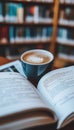 Steaming Cup of Coffee and Open Book in a Cozy Library Setting, Perfect for Book Lovers Royalty Free Stock Photo