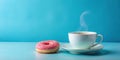 A steaming cup of coffee and a pink donut on a teal surface. Generative AI Royalty Free Stock Photo