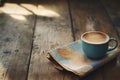 A steaming cup of coffee rests on a folded map, nestled on a rustic wooden table. Soft shadows create a warm ambiance Royalty Free Stock Photo