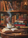 A steaming cup of coffee rests beside an open book, surrounded by shelves filled with colorful classics in a cozy Royalty Free Stock Photo
