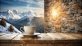 A steaming cup of coffee rests on a rustic wooden table, offering a tranquil view of a snow-covered mountain range and a textured Royalty Free Stock Photo