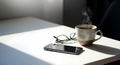 Steaming cup of coffee with smartphone and glasses on a white table, bathed in sunlight, symbolizing focus and work Royalty Free Stock Photo