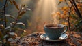 Steaming cup of coffee on stone table in sunlit autumn forest Royalty Free Stock Photo
