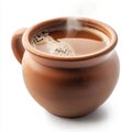 A steaming cup of coffee in a traditional clay mug, inviting warmth and comfort Royalty Free Stock Photo