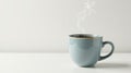 A steaming cup of dark beverage in a light blue ceramic mug rests on a bright white surface. Generative AI Royalty Free Stock Photo