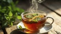 Steaming cup of herbal mint tea with fresh leaves on rustic wooden table in sunlight Royalty Free Stock Photo