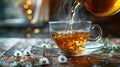 Pouring Hot Herbal Tea into Glass Cup with Chamomile Flowers Royalty Free Stock Photo