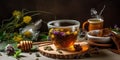 Steaming cup of herbal tea with a hint of honey, with various medicinal plants, invoking the soothing properties of home