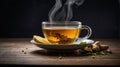 Fragrant Ginger and Lemon Tea Brew in Clear Glass Cup with Steam on Wood Table Royalty Free Stock Photo
