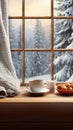 a steaming cup of hot coffee placed beside a soft and inviting plaid on the vintage windowsill of a quaint cottage
